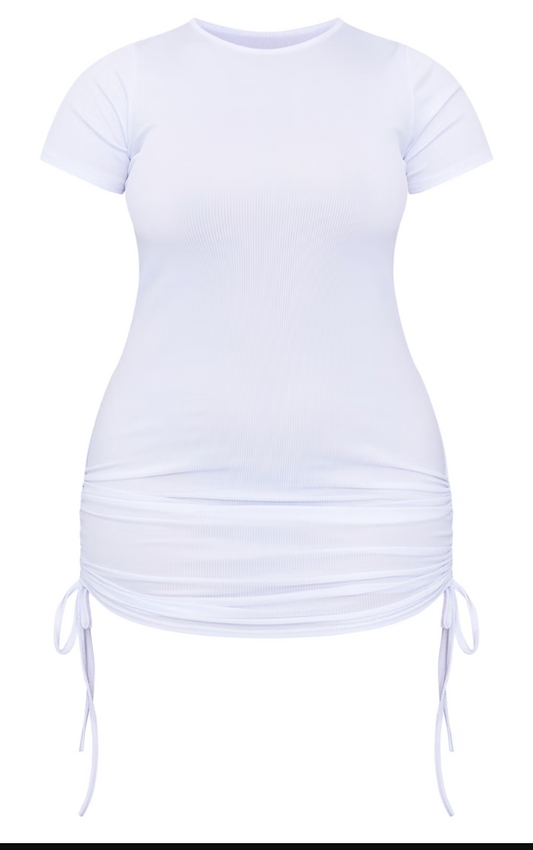 Shape White Rib Short Sleeve Ruched Side Bodycon Dress For You-AllApparel