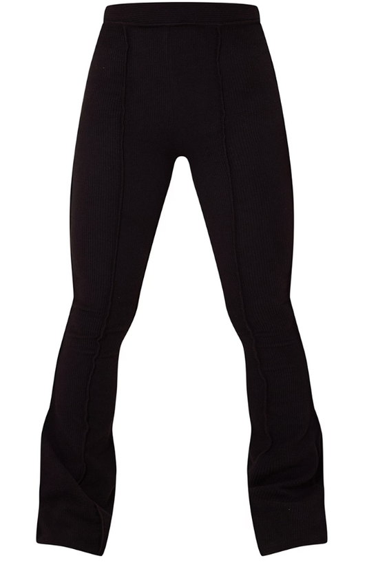 Black Rib High Waist Seam Detail Flared Trousers - All Apparel